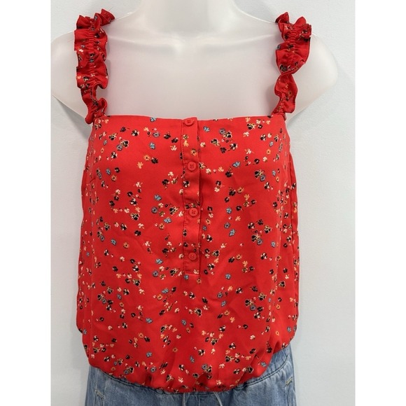 Aqua Red Floral Ruffle Strap Cami Tank Top Button Front XS Cottagecore - Picture 4 of 7